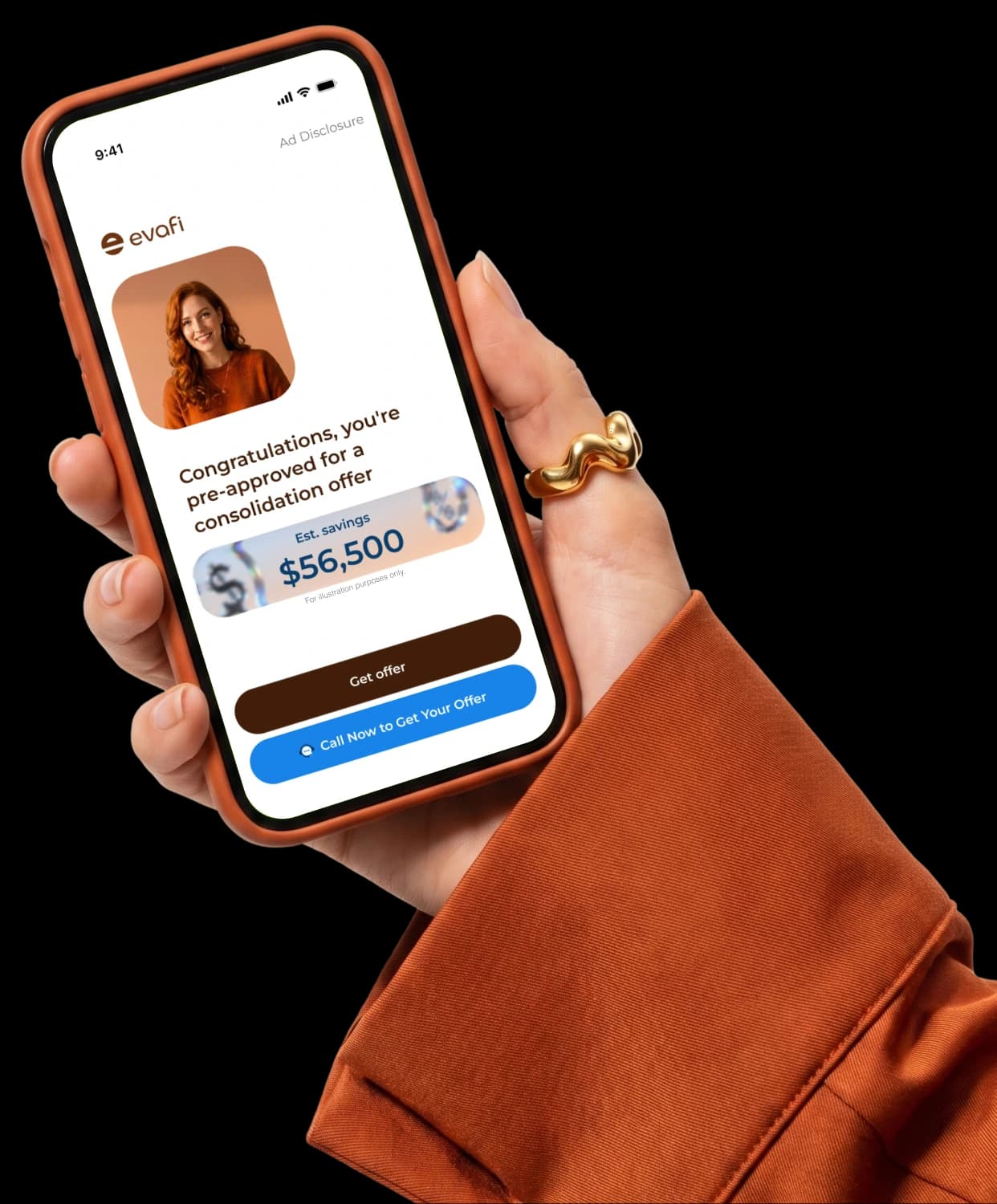 Hand holding a phone showing a pre-approved consolidation offer